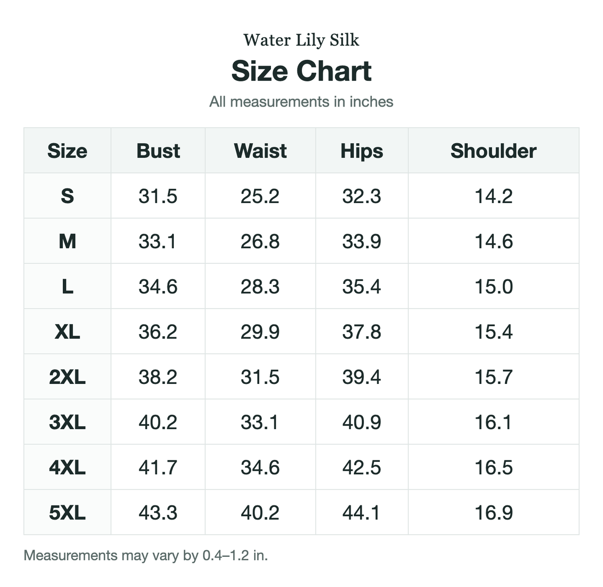 Size chart (inches)