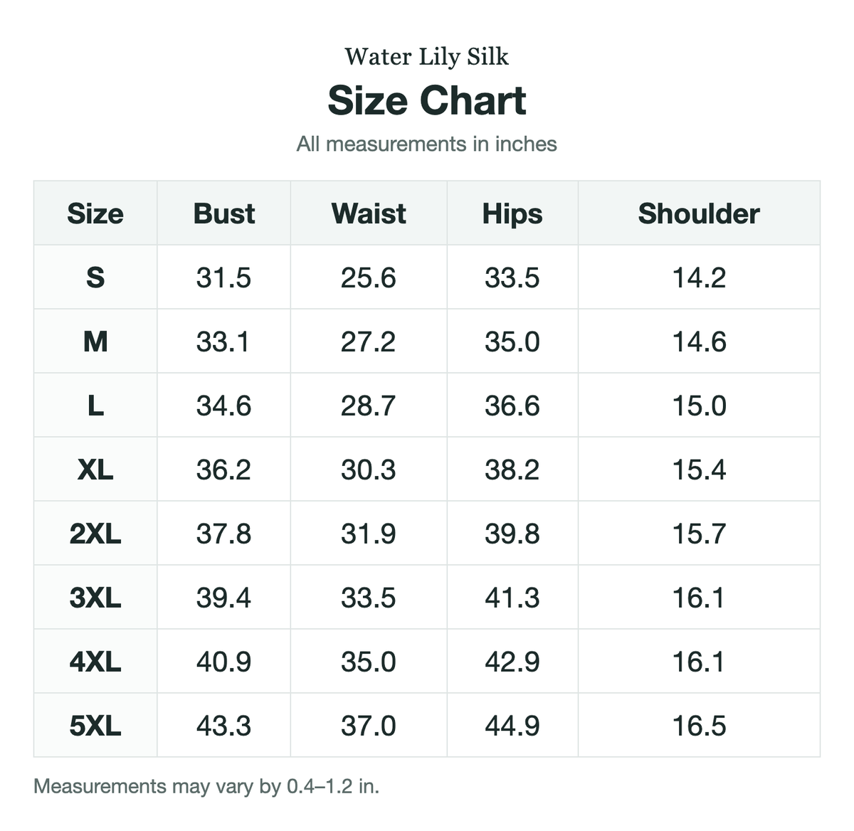 Size chart (inches)