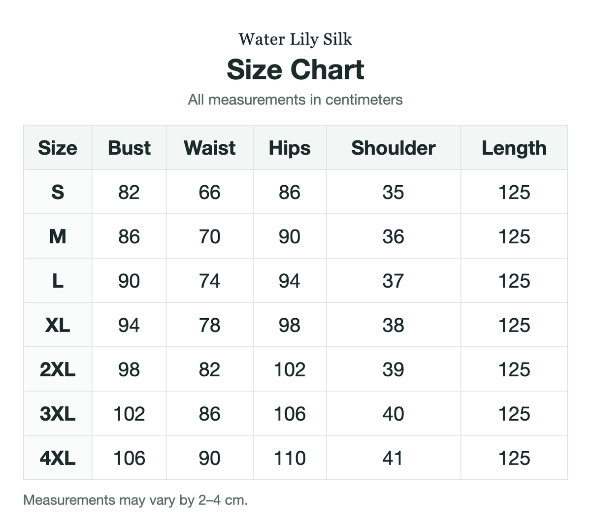 Size chart (cm)