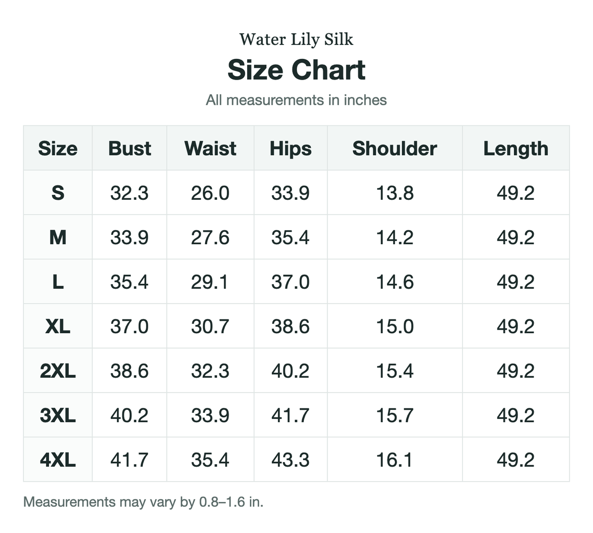 Size chart (inches)