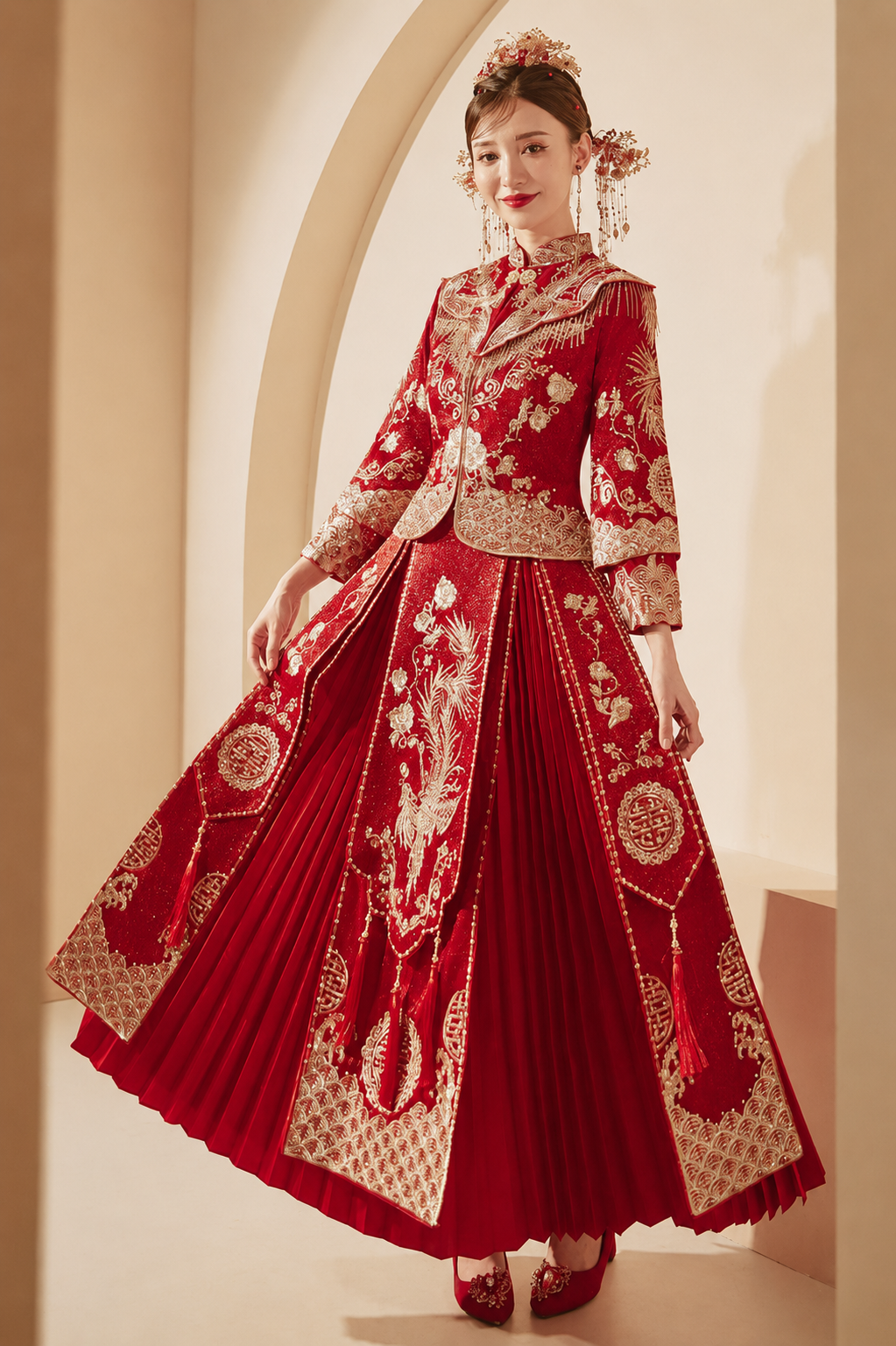 Long Red Phoenix Embroidered Two-Piece Wedding Qipao Set | Neo-Chinese Cheongsam, Modern Bridal Dress, Traditional Wedding & Engagement Wear