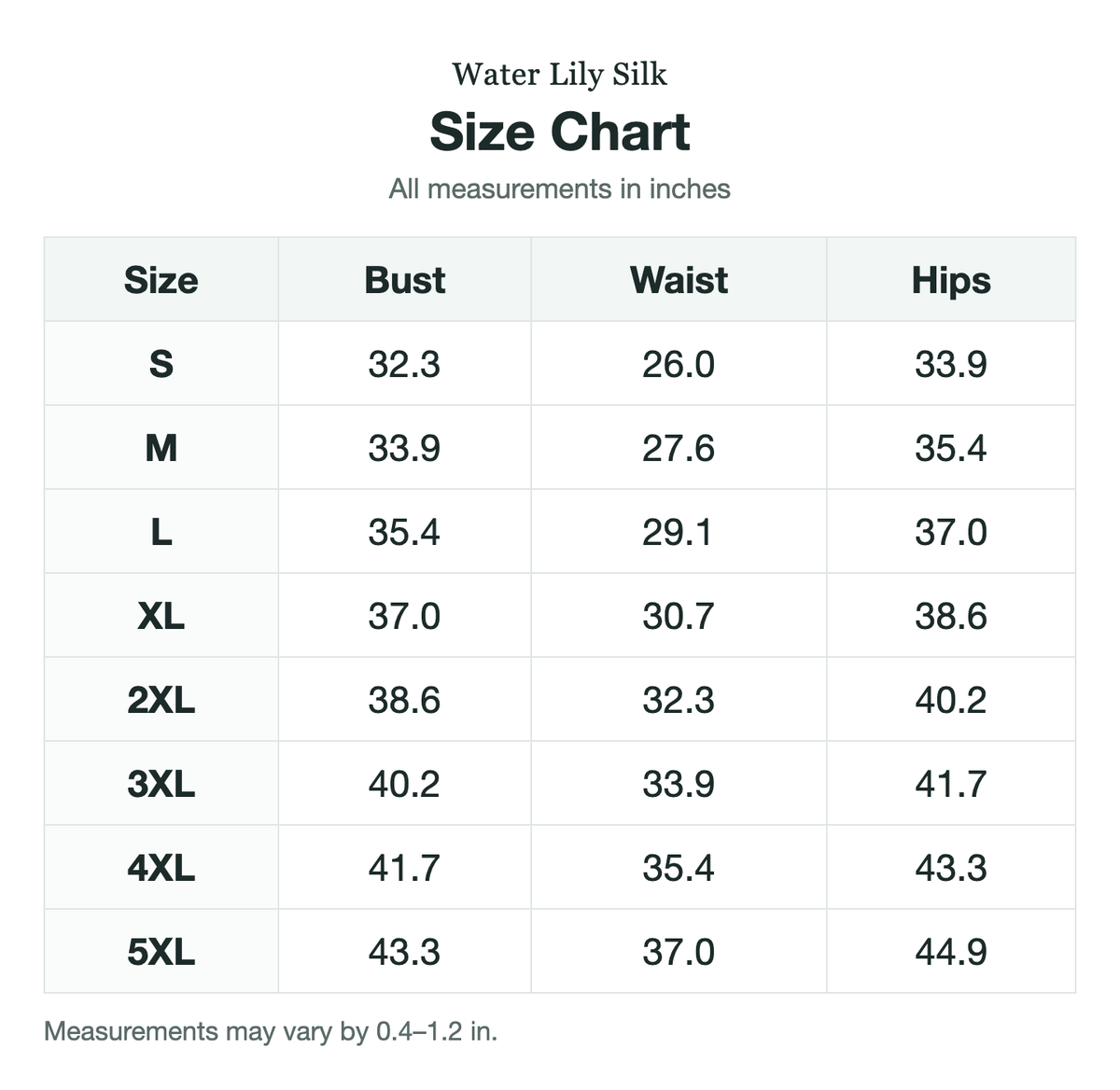 Size chart (inches)