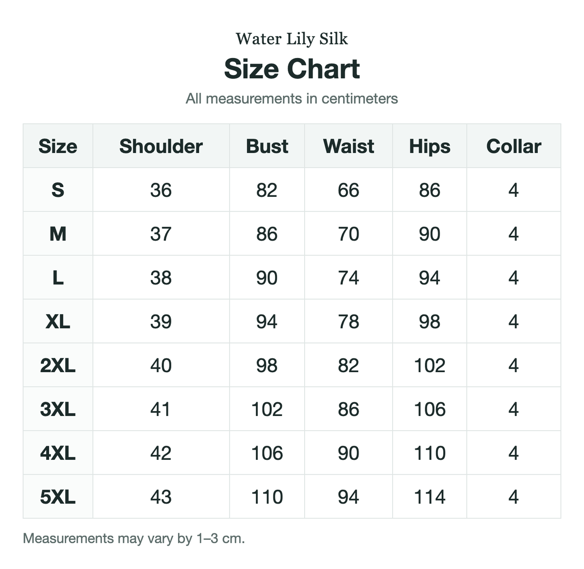 Size chart (cm)