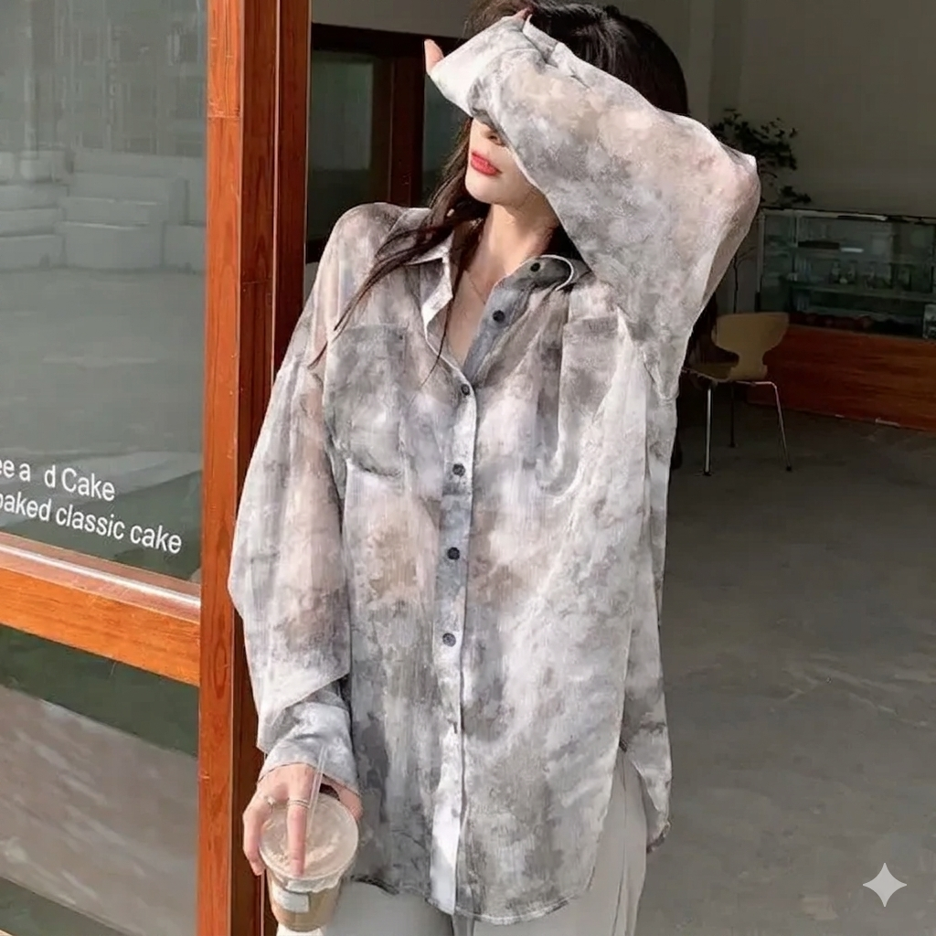 Ink-Wash Mist: Oversized Tie-Dye Shirt | Vintage Sun-Protection Summer Blouse | Breathable Korean Style Top