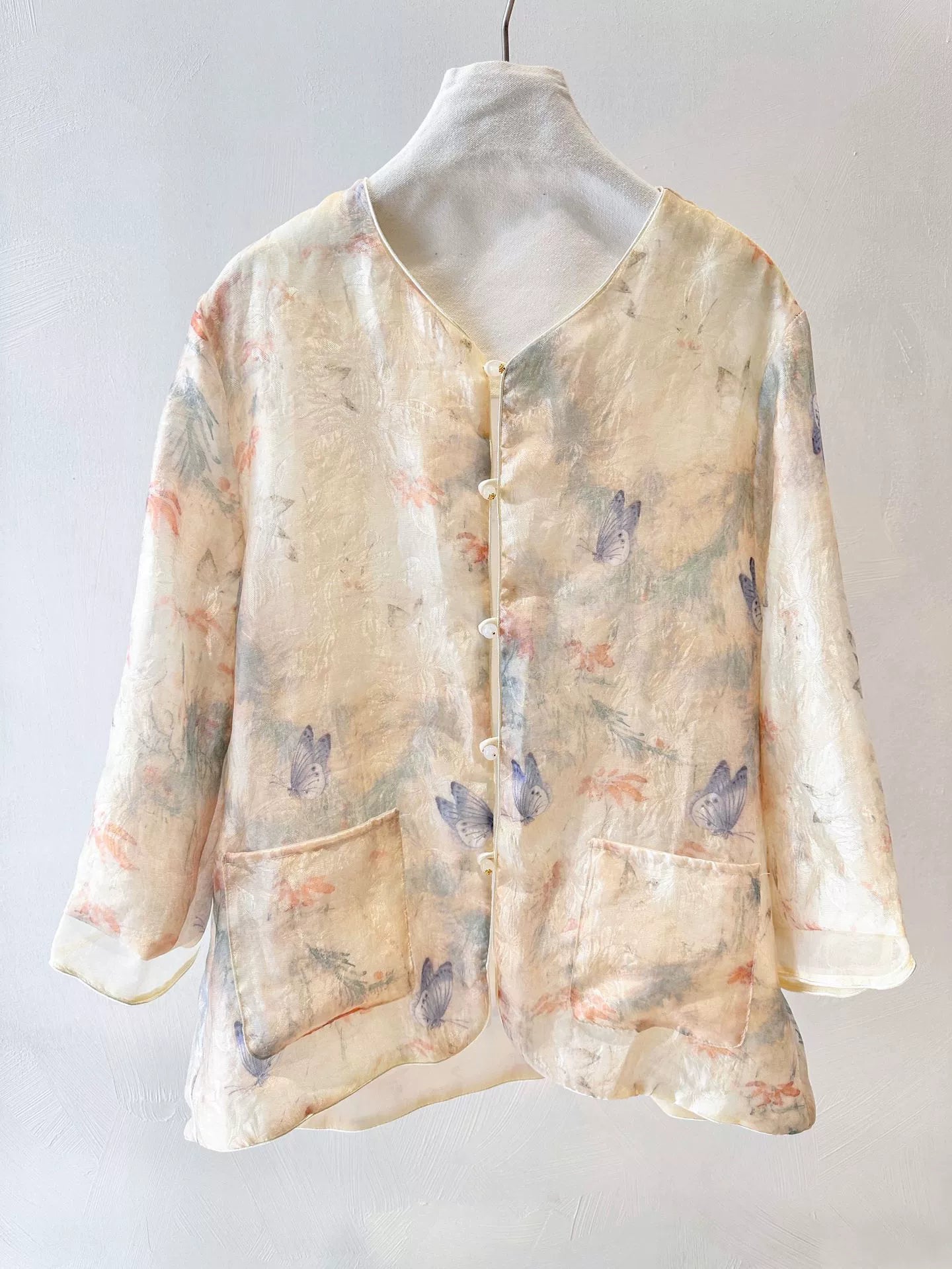 Ivory Butterfly Sheer Jacket | Neo-Chinese Layer, Airy Spring Outerwear, Botanical Butterfly Motif, Garden Party Wear
