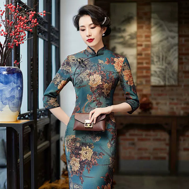 Emerald Teal Floral Brocade Qipao Dress | Neo-Chinese Cheongsam, Modern Oriental Dress, Elegant Evening / Daily Wear