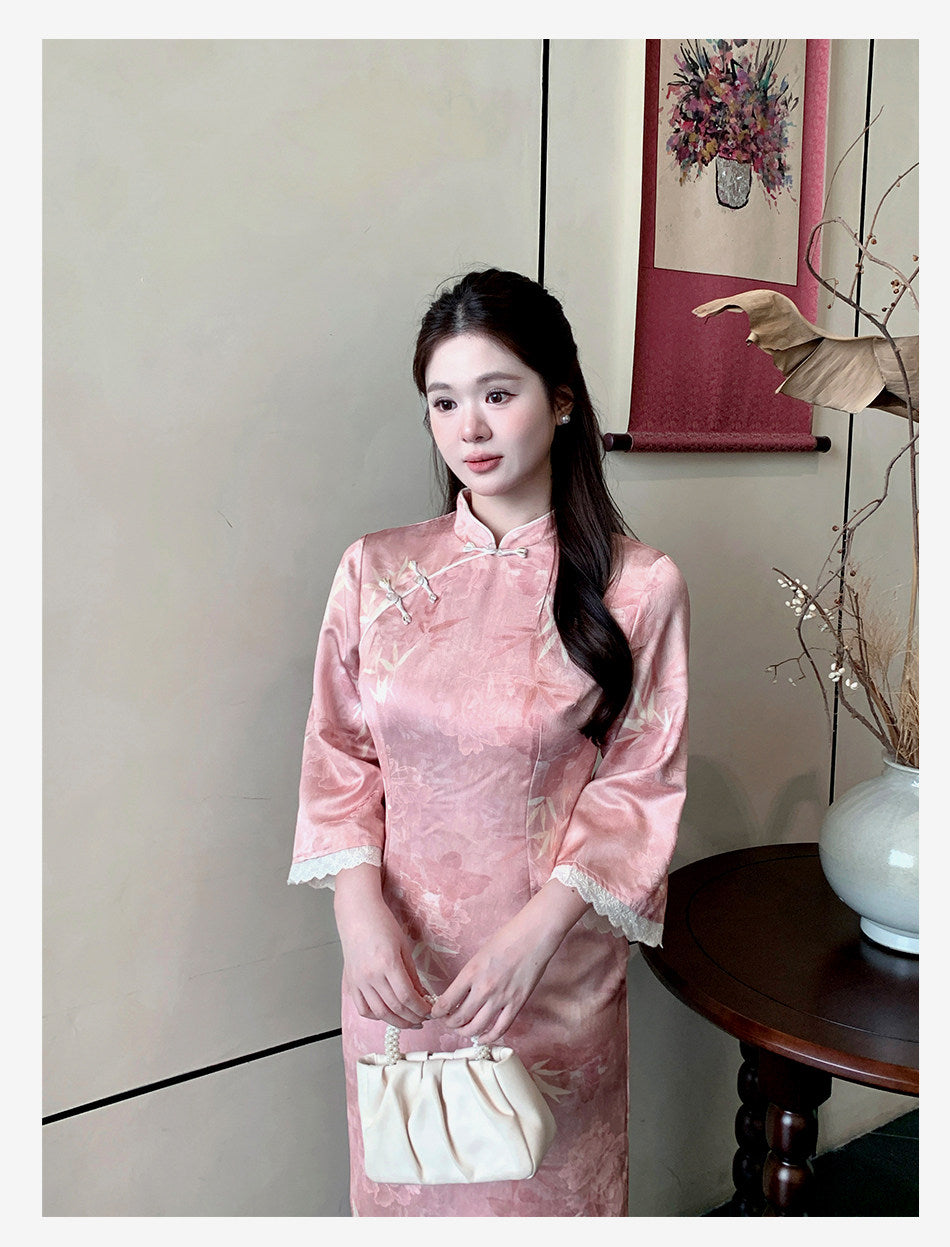Blush Bamboo Botanical Qipao Dress | Neo-Chinese Cheongsam, Long Sleeve, Elegant Daily Wear, Botanical Motif