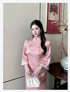 Blush Bamboo Botanical Qipao Dress | Neo-Chinese Cheongsam, Long Sleeve, Elegant Daily Wear, Botanical Motif