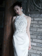 Neo-Oriental Halter Cheongsam | Elegant White Beaded Qipao Dress | Modern Chinese Style Evening Gown