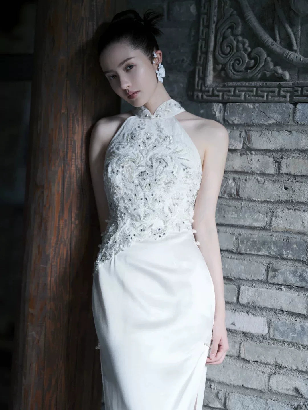 Neo-Oriental Halter Cheongsam | Elegant White Beaded Qipao Dress | Modern Chinese Style Evening Gown