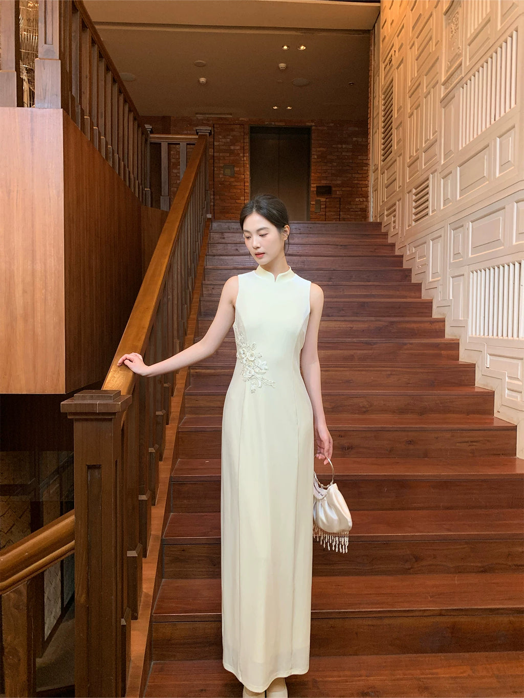 Ivory Lotus Embroidered Cheongsam Dress | Minimalist Qipao Gown, Elegant New Chinese Style
