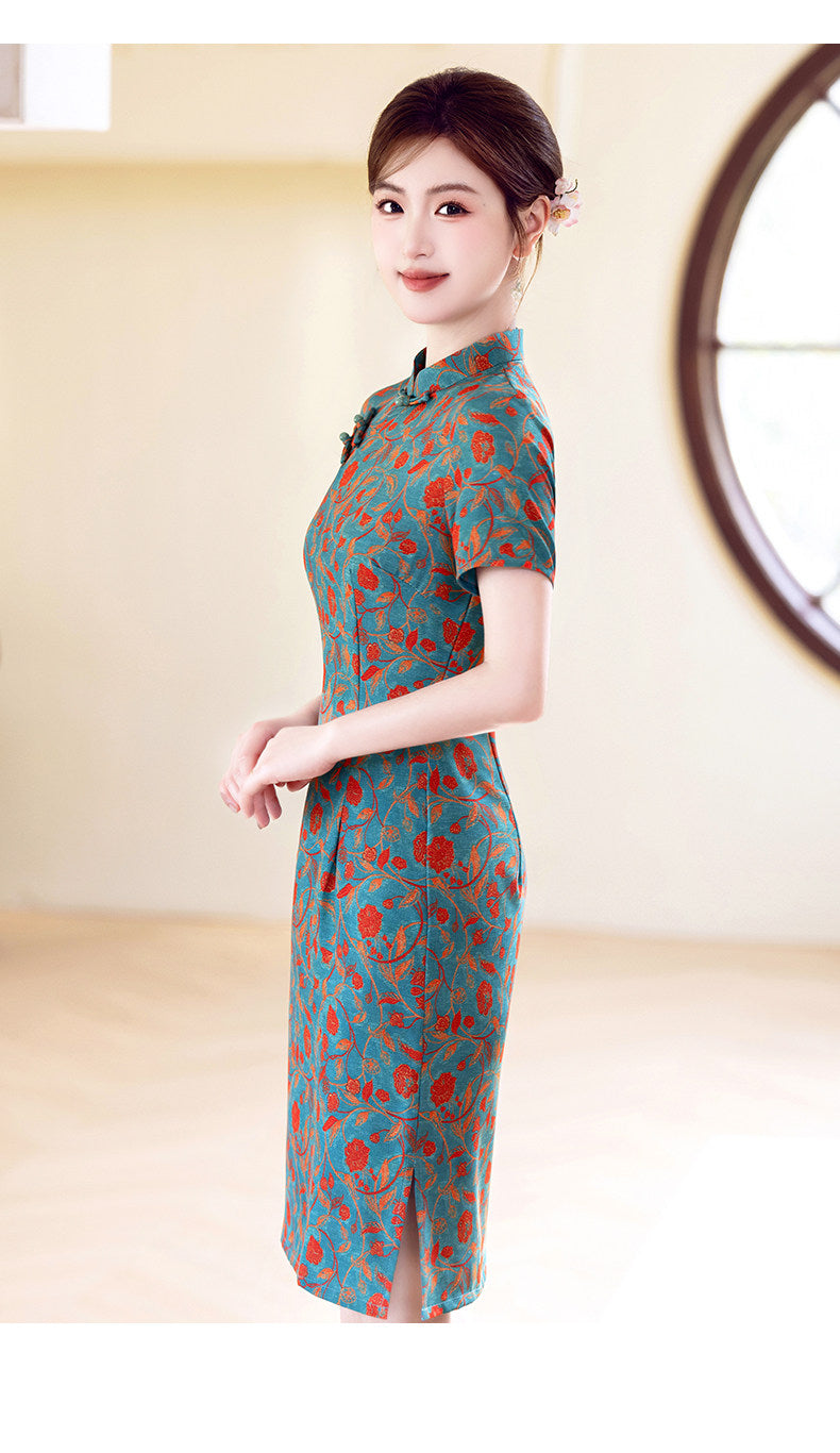 Teal & Red Floral Short-Sleeve Qipao Dress | Neo-Chinese Cheongsam, Modern Day-to-Evening Wear, Botanical Motif