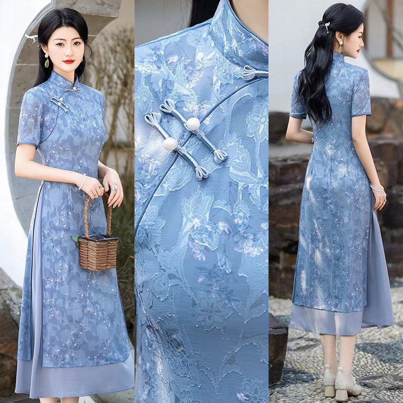 Cornflower Blue Floral Ao Dai-Inspired Qipao Dress