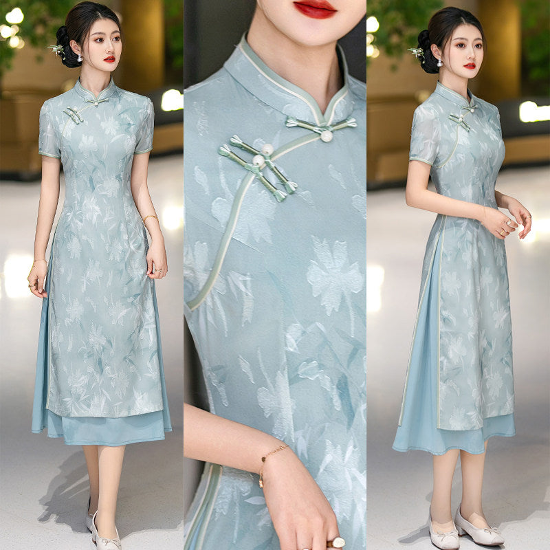 Mist Blue Tonal Floral Ao Dai-Inspired Qipao Dress