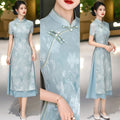 Mist Blue Tonal Floral Ao Dai-Inspired Qipao Dress