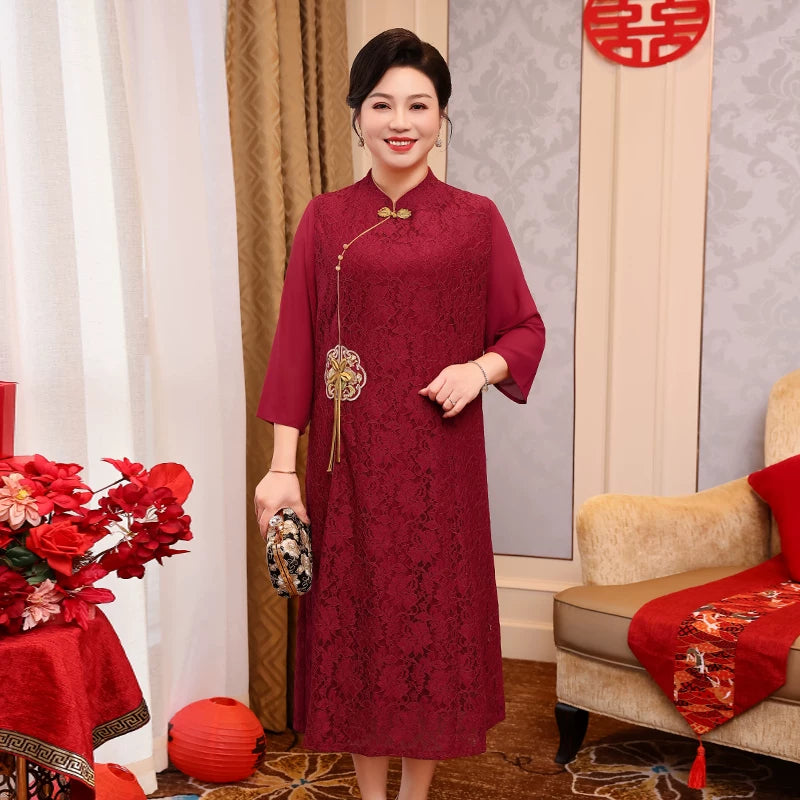Plus Size Dusty Rose Qipao Dress | Floral A-Line Cheongsam, Neo-Chinese Midi Dress, Elegant Curvy Occasion Wear