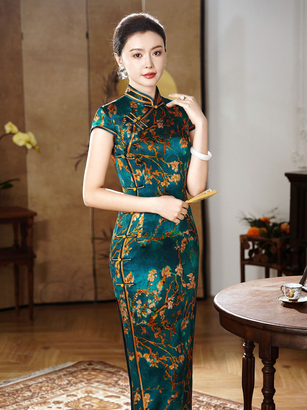 Emerald Teal Mulberry Silk Floral Branch Qipao Dress | Neo-Chinese Cheongsam, Elegant Modern Oriental Dress, Elegant Evening / Daily Wear