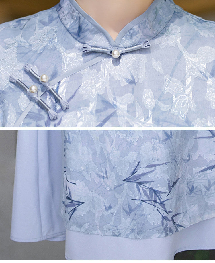 Light Blue Floral Qipao Dress | Neo-Chinese Cheongsam, Soft A-Line Midi Dress, Airy Sheer Overlay, Garden & Daywear (Copy)