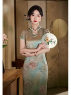 Sage Green Peony Floral Qipao Dress | Neo-Chinese Cheongsam, Modern Oriental Dress, Elegant Evening / Daily Wear