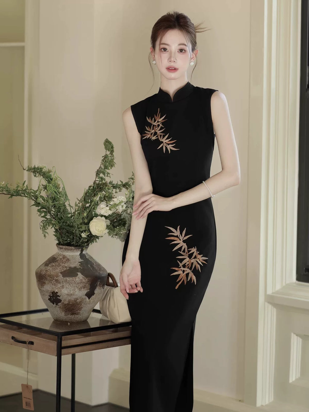 Midnight Bamboo Embroidered Cheongsam Dress | Sleek Black Qipao, Modern New Chinese Style