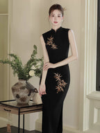 Midnight Bamboo Embroidered Cheongsam Dress | Sleek Black Qipao, Modern New Chinese Style