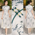 White Botanical Qipao Dress | Neo-Chinese Cheongsam, Elegant A-Line Midi Dress, Nature-Inspired Occasion Wear (Copy) (Copy)