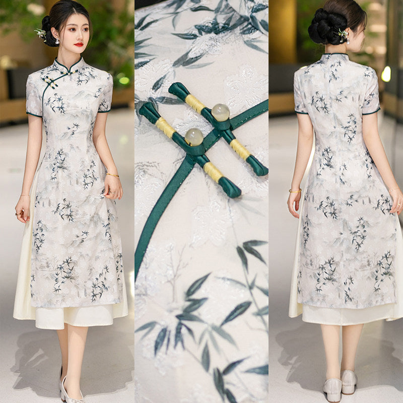 White Botanical Qipao Dress | Neo-Chinese Cheongsam, Elegant A-Line Midi Dress, Nature-Inspired Occasion Wear (Copy) (Copy)