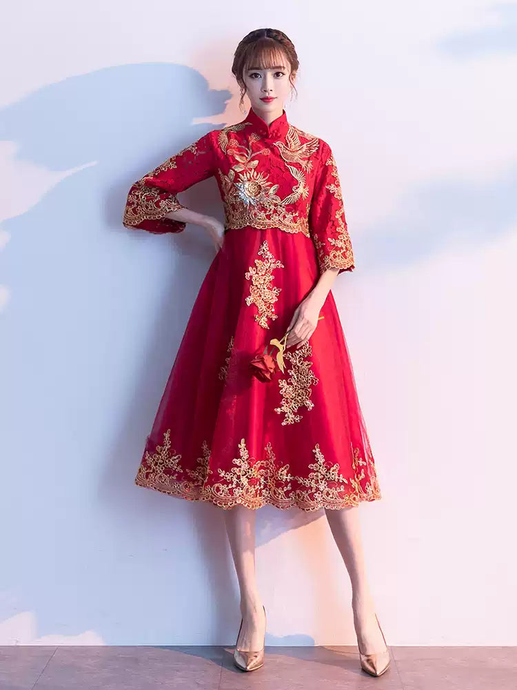 Mid-Length Traditional Red Phoenix Embroidered Bridal Gown | Traditional-Chinese Qipao, Wedding & Engagement Wear, Elegant Bridal Evening Dress (Copy)