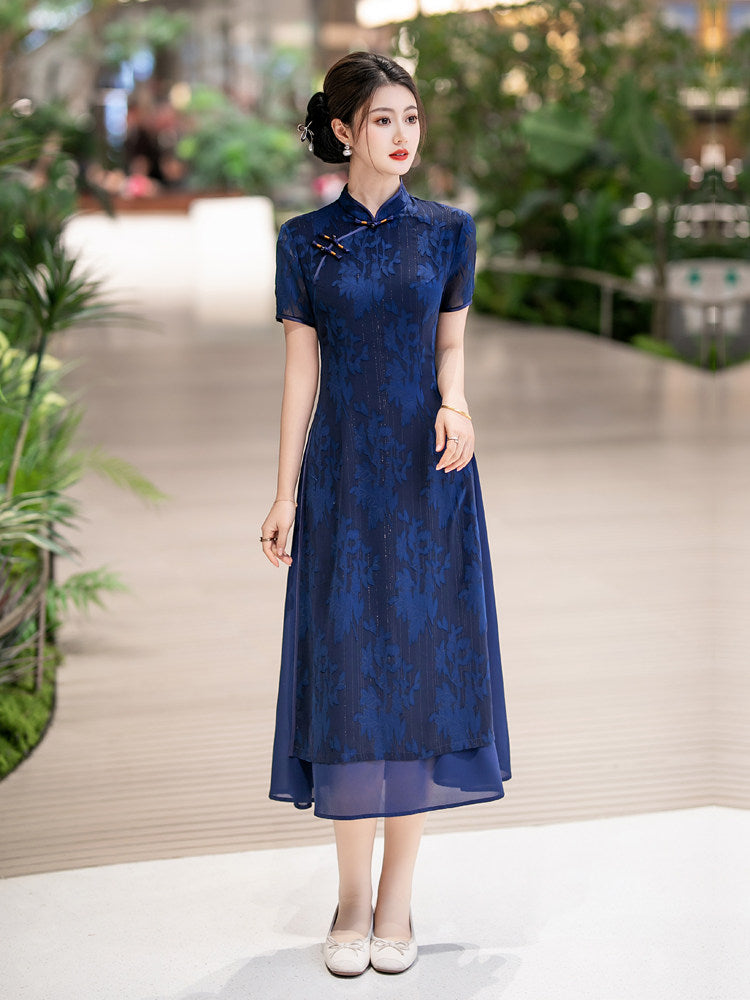 Blue Floral Qipao Dress | Neo-Chinese Cheongsam, Soft A-Line Midi Dress, Airy Sheer Overlay, Garden & Daywear