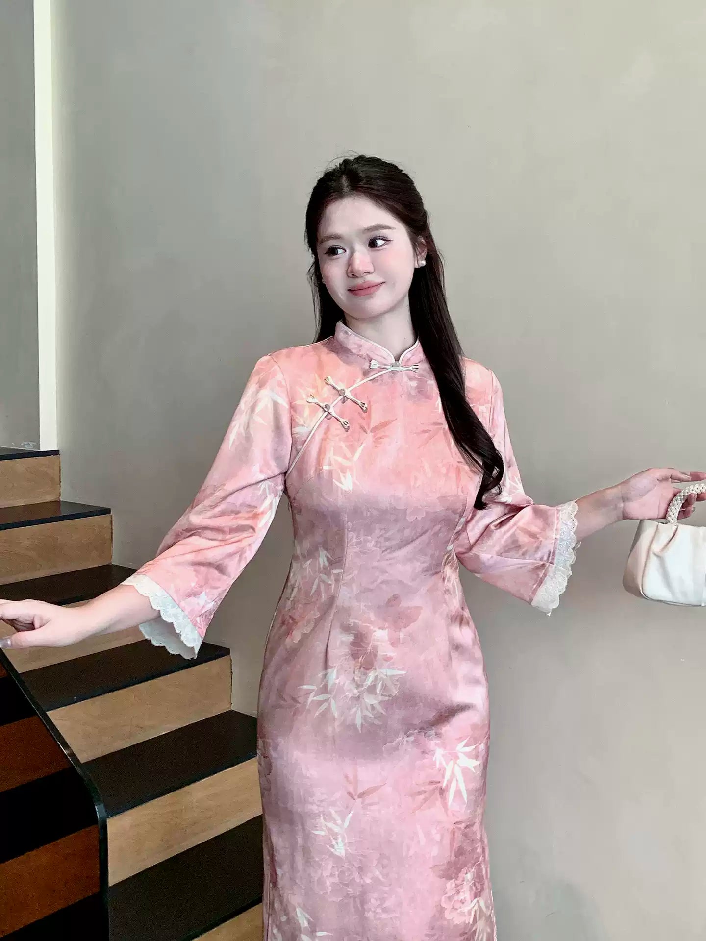Blush Bamboo Botanical Qipao Dress | Neo-Chinese Cheongsam, Long Sleeve, Elegant Daily Wear, Botanical Motif