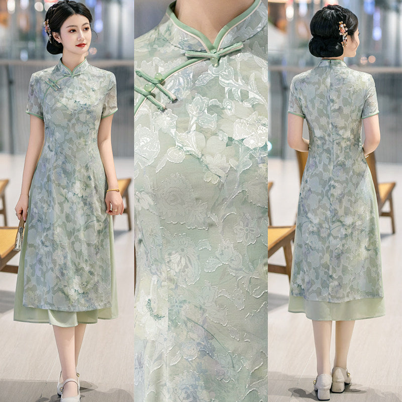 Green Botanical Qipao Dress | Neo-Chinese Cheongsam, Elegant A-Line Midi Dress, Nature-Inspired Occasion Wear