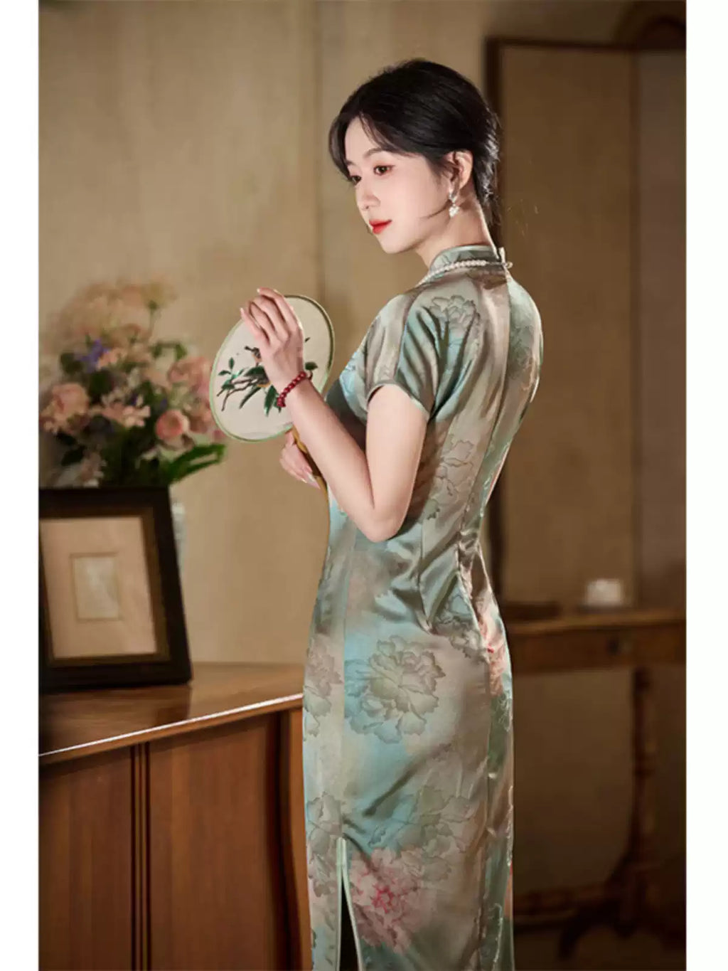 Sage Green Peony Floral Qipao Dress | Neo-Chinese Cheongsam, Modern Oriental Dress, Elegant Evening / Daily Wear