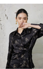 Neo-Oriental Ink Floral Wrap Blouse – Elegant Black Satin Top, Modern Chinese Style Shirt