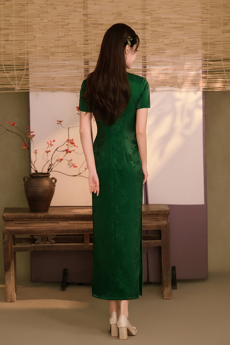 Emerald Botanical Short-Sleeve Maxi Qipao | Neo-Chinese Cheongsam, Elegant Evening Dress, Cultural Events, Daily Wear