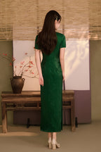 Emerald Botanical Short-Sleeve Maxi Qipao | Neo-Chinese Cheongsam, Elegant Evening Dress, Cultural Events, Daily Wear