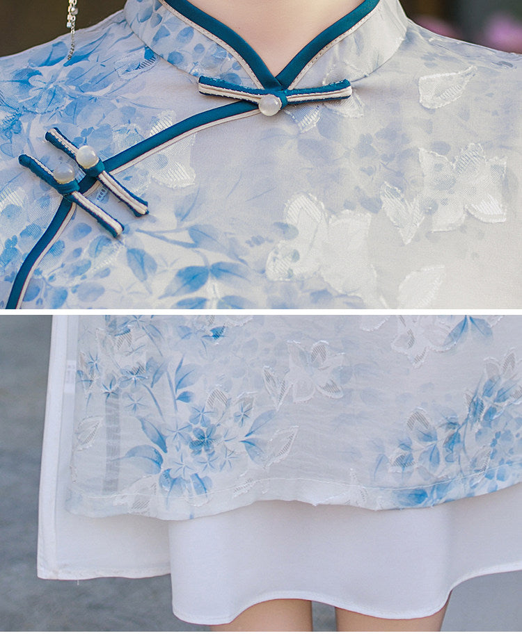 Light Blue Floral Qipao Dress | Neo-Chinese Cheongsam, Soft A-Line Midi Dress, Airy Sheer Overlay, Garden & Daywear (Copy)
