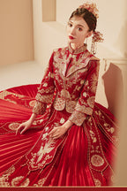 Long Red Phoenix Embroidered Two-Piece Wedding Qipao Set | Neo-Chinese Cheongsam, Modern Bridal Dress, Traditional Wedding & Engagement Wear