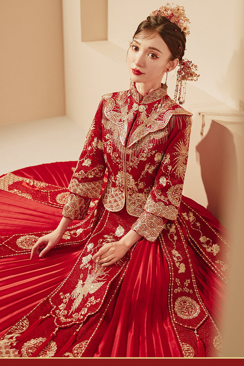 Long Red Phoenix Embroidered Two-Piece Wedding Qipao Set | Neo-Chinese Cheongsam, Modern Bridal Dress, Traditional Wedding & Engagement Wear