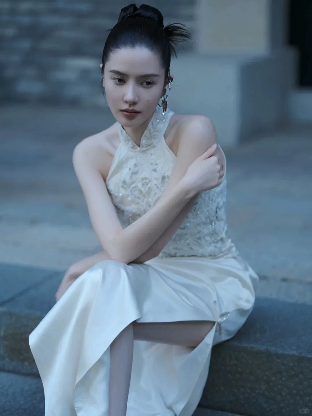 Neo-Oriental Halter Cheongsam | Elegant White Beaded Qipao Dress | Modern Chinese Style Evening Gown