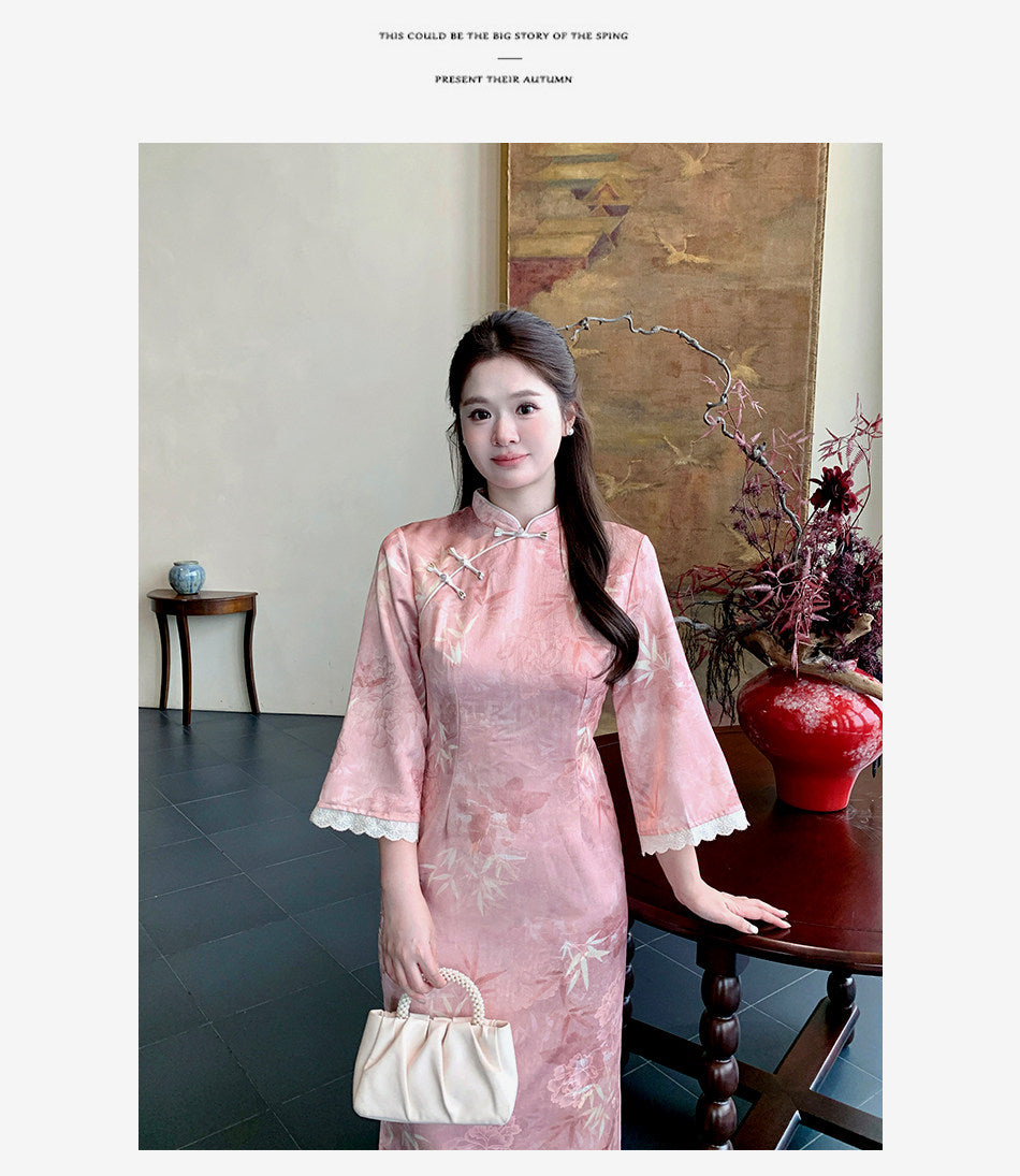Blush Bamboo Botanical Qipao Dress | Neo-Chinese Cheongsam, Long Sleeve, Elegant Daily Wear, Botanical Motif