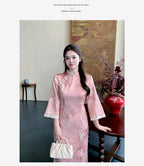 Blush Bamboo Botanical Qipao Dress | Neo-Chinese Cheongsam, Long Sleeve, Elegant Daily Wear, Botanical Motif