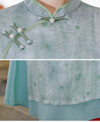 Light Blue Floral Qipao Dress | Neo-Chinese Cheongsam, Soft A-Line Midi Dress, Airy Sheer Overlay, Garden & Daywear (Copy)