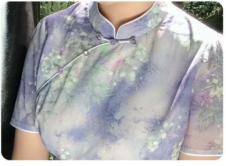 Plus Size Lavender Watercolor Blossom Qipao Dress | Neo-Chinese Cheongsam, Garden Party Dress, Summer Daywear, Botanical Print