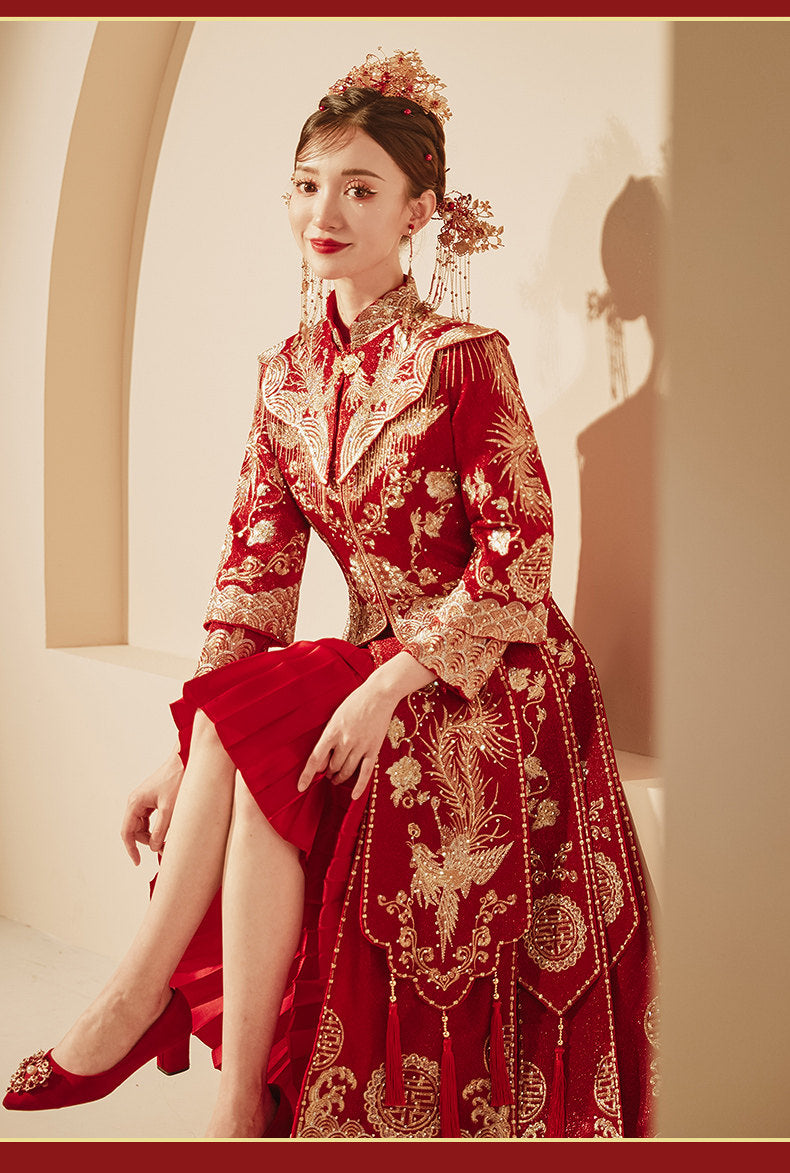 Long Red Phoenix Embroidered Two-Piece Wedding Qipao Set | Neo-Chinese Cheongsam, Modern Bridal Dress, Traditional Wedding & Engagement Wear
