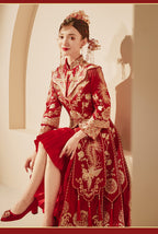 Long Red Phoenix Embroidered Two-Piece Wedding Qipao Set | Neo-Chinese Cheongsam, Modern Bridal Dress, Traditional Wedding & Engagement Wear