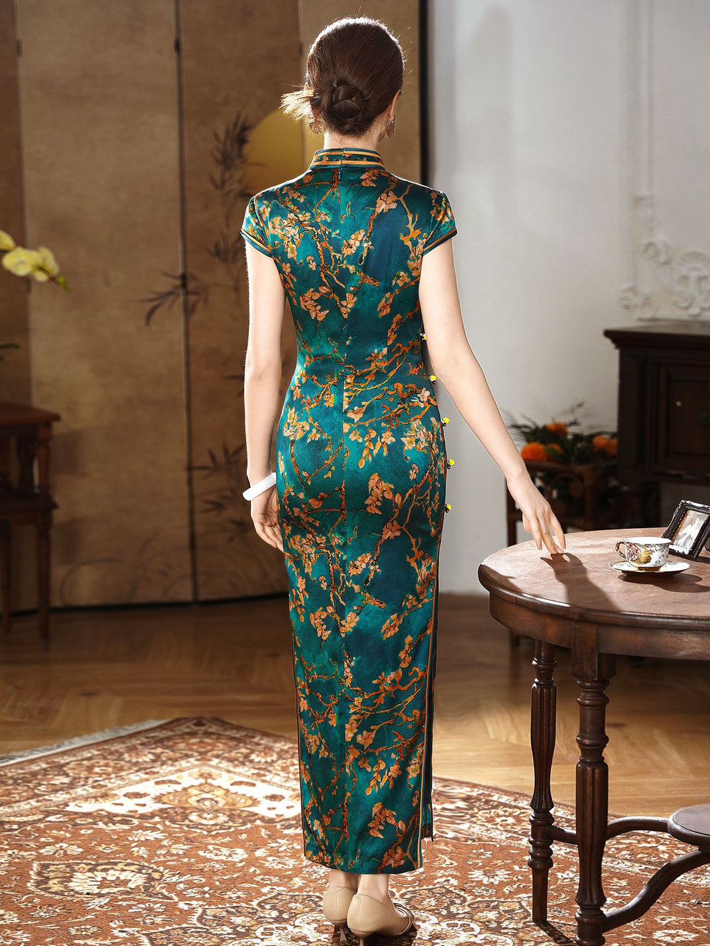 Emerald Teal Mulberry Silk Floral Branch Qipao Dress | Neo-Chinese Cheongsam, Elegant Modern Oriental Dress, Elegant Evening / Daily Wear