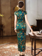 Emerald Teal Mulberry Silk Floral Branch Qipao Dress | Neo-Chinese Cheongsam, Elegant Modern Oriental Dress, Elegant Evening / Daily Wear