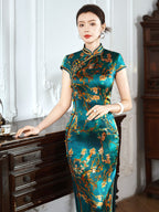 Emerald Teal Mulberry Silk Floral Branch Qipao Dress | Neo-Chinese Cheongsam, Elegant Modern Oriental Dress, Elegant Evening / Daily Wear