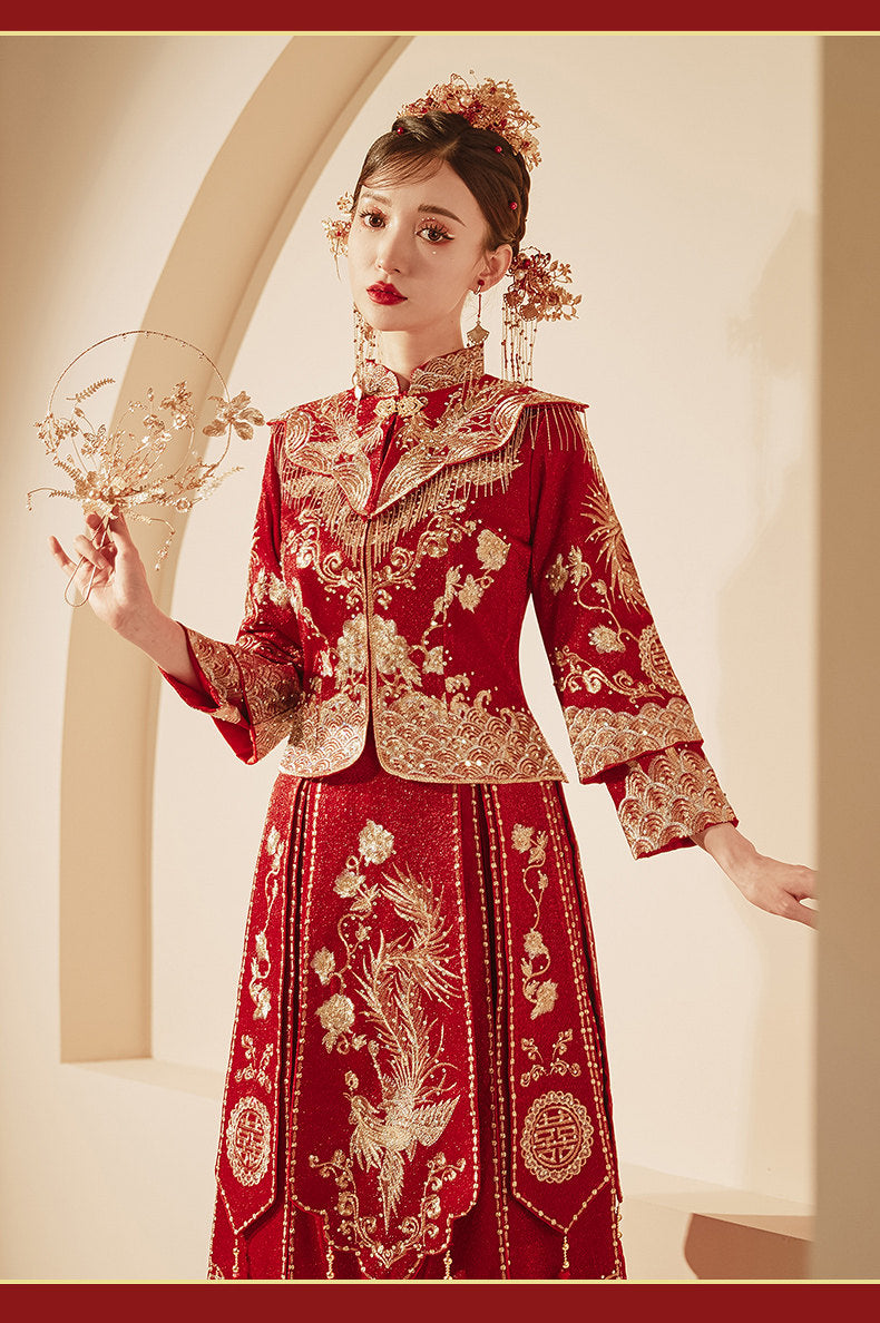 Long Red Phoenix Embroidered Two-Piece Wedding Qipao Set | Neo-Chinese Cheongsam, Modern Bridal Dress, Traditional Wedding & Engagement Wear