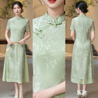 Green Botanical Qipao Dress | Neo-Chinese Cheongsam, Elegant A-Line Midi Dress, Nature-Inspired Occasion Wear
